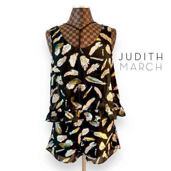 Judith March Romper Large Black Feather Print Jumper 1-Piece Peplum Ruffle Tank - Picture 1 of 10